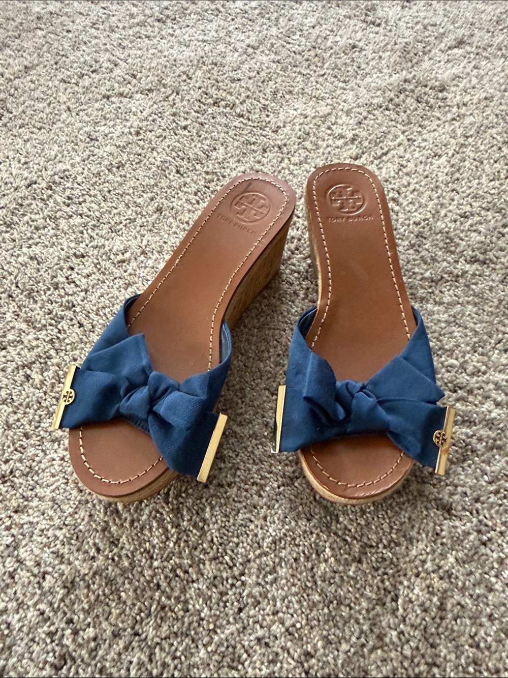 Tory Burch Navy Bow Wedge Sandals